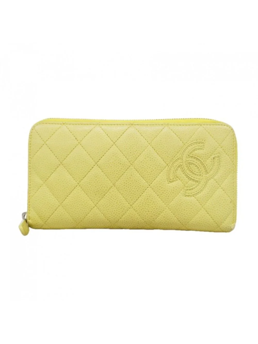 Chanel Wallet Quilted Caviar Leather Yellow Silver